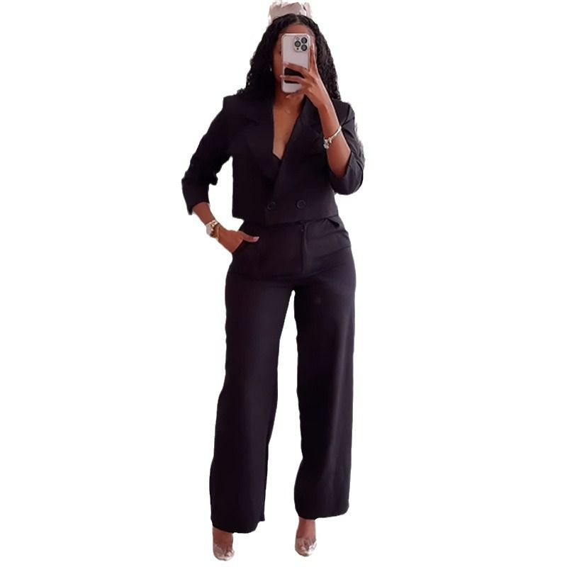 GX- Women's Elegant And Elegant Solid Color Split Sleeve Flip Collar Suit Pocket Straight Leg Trouser Set