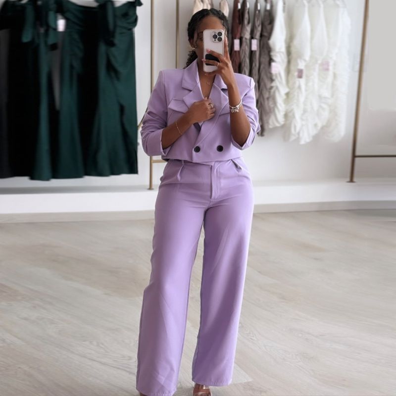 GX- Women's Elegant And Elegant Solid Color Split Sleeve Flip Collar Suit Pocket Straight Leg Trouser Set