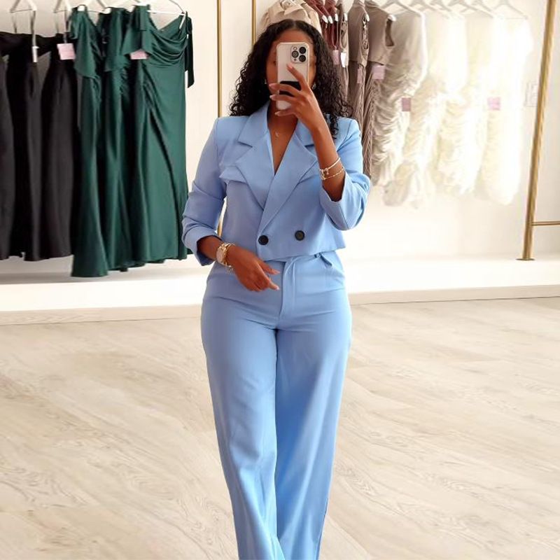 GX- Women's Elegant And Elegant Solid Color Split Sleeve Flip Collar Suit Pocket Straight Leg Trouser Set