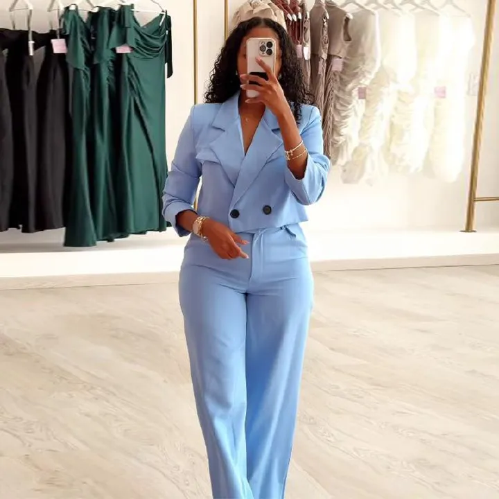 GX- Women's Elegant And Elegant Solid Color Split Sleeve Flip Collar Suit Pocket Straight Leg Trouser Set
