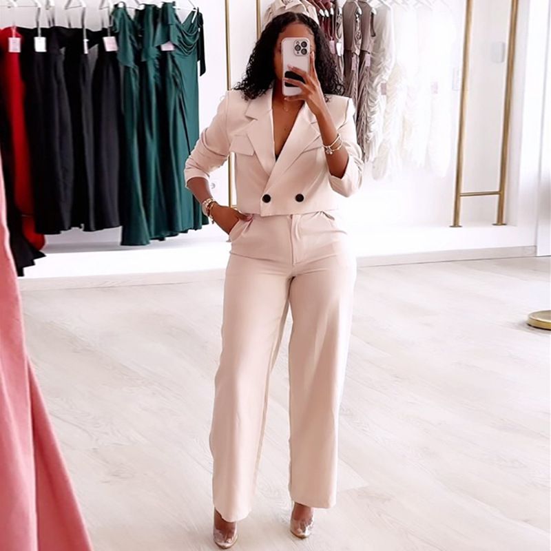 GX- Women's Elegant And Elegant Solid Color Split Sleeve Flip Collar Suit Pocket Straight Leg Trouser Set