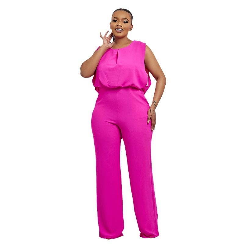 Fashion Summer Solid Fuchsia Design Sleeveless O-Neck Backless Unique Style One Piece Wide Leg Jumpsuit Women