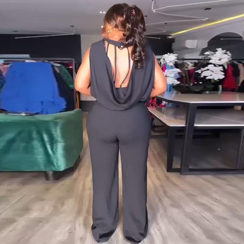 Fashion Summer Solid Fuchsia Design Sleeveless O-Neck Backless Unique Style One Piece Wide Leg Jumpsuit Women