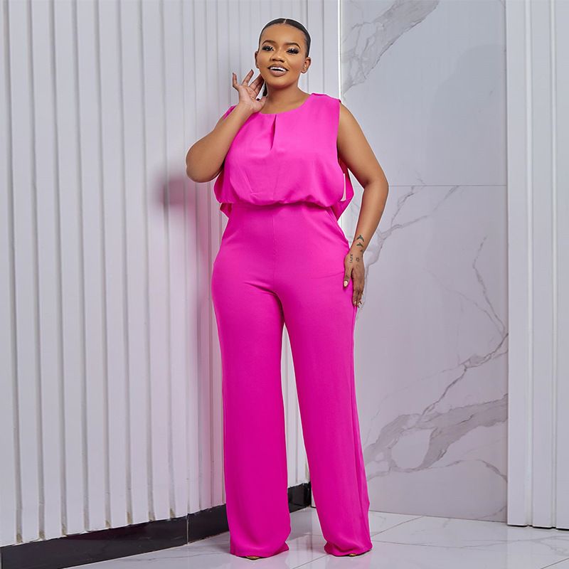 Fashion Summer Solid Fuchsia Design Sleeveless O-Neck Backless Unique Style One Piece Wide Leg Jumpsuit Women