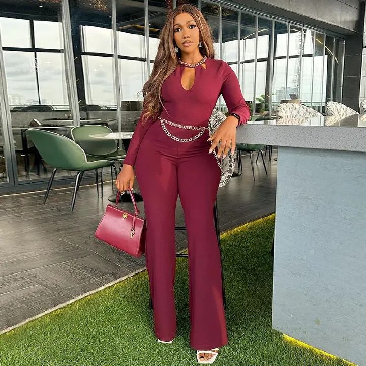 New Autumn Women Solid One-piece Clothes Long Sleeve Crew Neck Hollow Jumpsuit Waist Chain Plus Size Casual Slim Jumpsuit