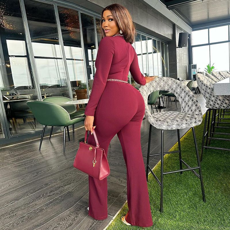 New Autumn Women Solid One-piece Clothes Long Sleeve Crew Neck Hollow Jumpsuit Waist Chain Plus Size Casual Slim Jumpsuit