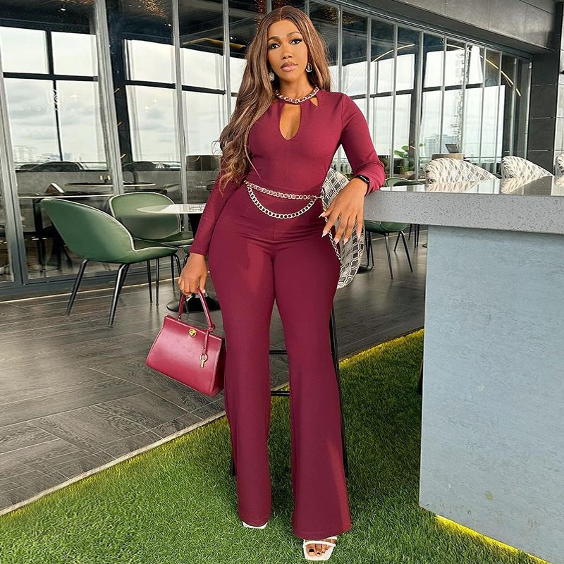 New Autumn Women Solid One-piece Clothes Long Sleeve Crew Neck Hollow Jumpsuit Waist Chain Plus Size Casual Slim Jumpsuit