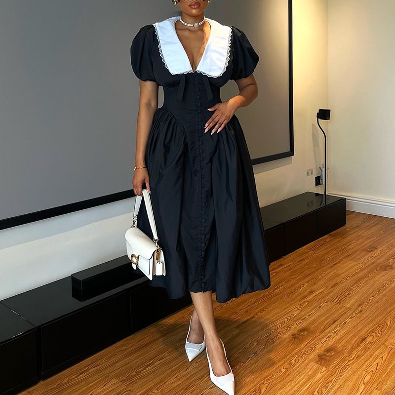 Fashion women sexy clothing boutique elegant short sleeve lapel v-neck maxi dress casual long dresses