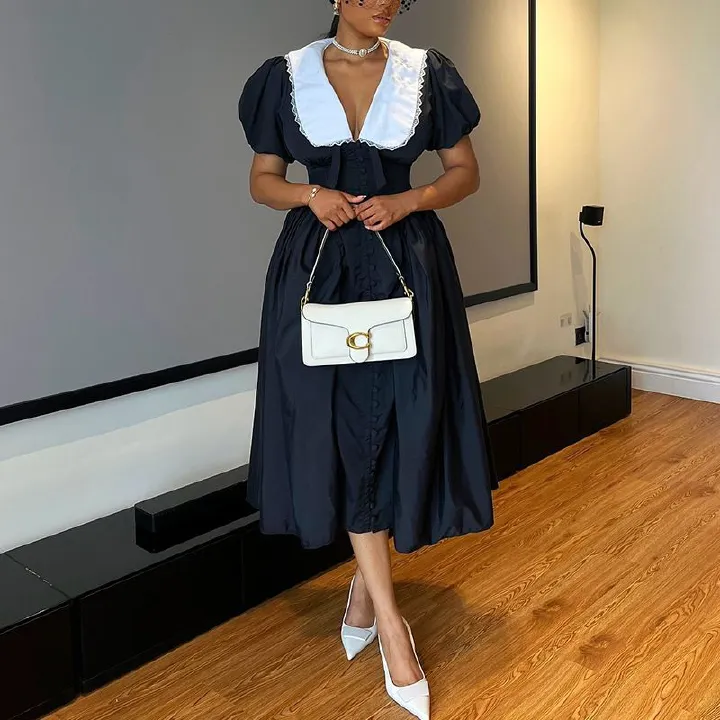 Fashion women sexy clothing boutique elegant short sleeve lapel v-neck maxi dress casual long dresses