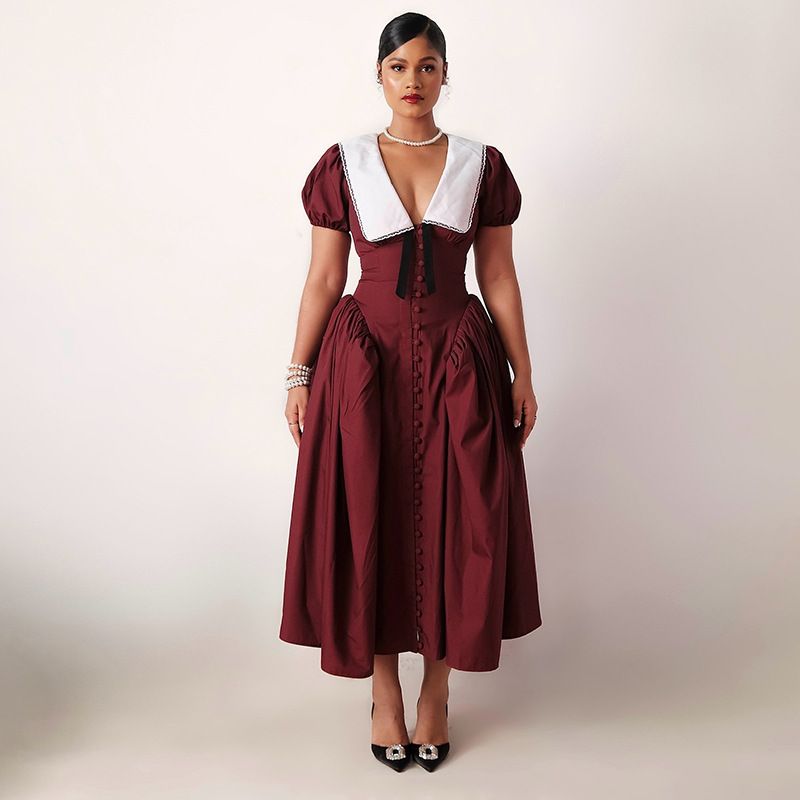 Fashion women sexy clothing boutique elegant short sleeve lapel v-neck maxi dress casual long dresses