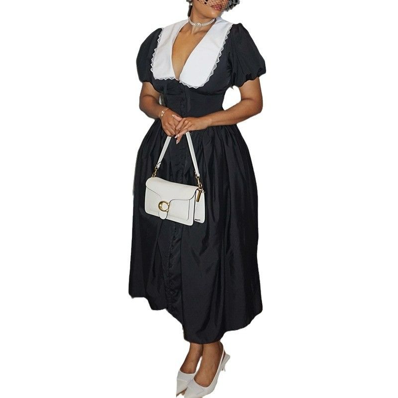 Fashion women sexy clothing boutique elegant short sleeve lapel v-neck maxi dress casual long dresses