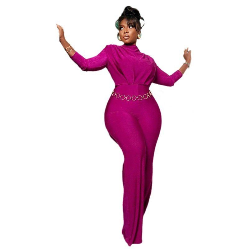 Women's Elegant Turtle Neck Jumpsuit With Wide Leg High Waisted Breathable Weave Fabric Casual Dress Summer