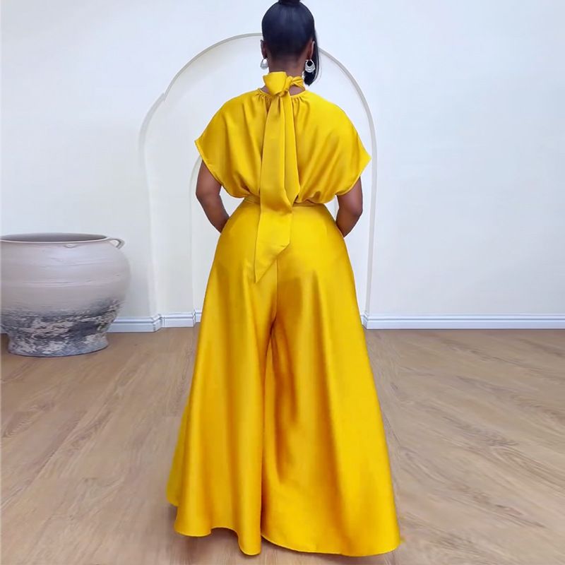 Summer Autumn Pure Color Short Sleeve High Neck Adjustable Bandage Tops and Wide Fitting Long Pants Two Piece Sets Women