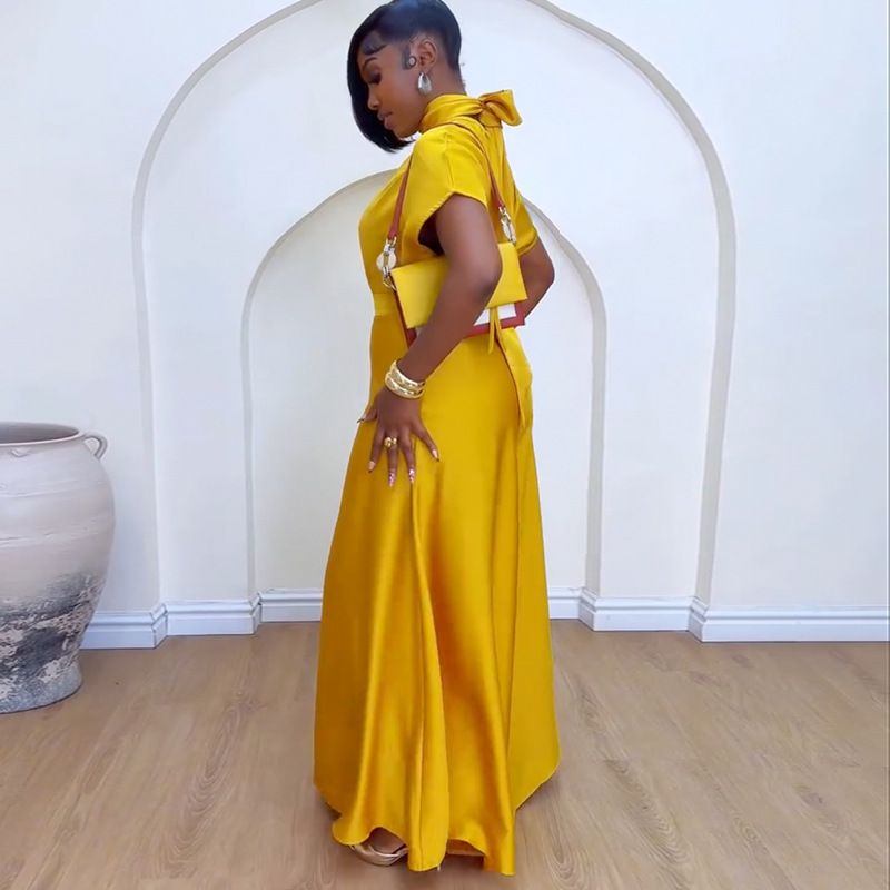 Summer Autumn Pure Color Short Sleeve High Neck Adjustable Bandage Tops and Wide Fitting Long Pants Two Piece Sets Women