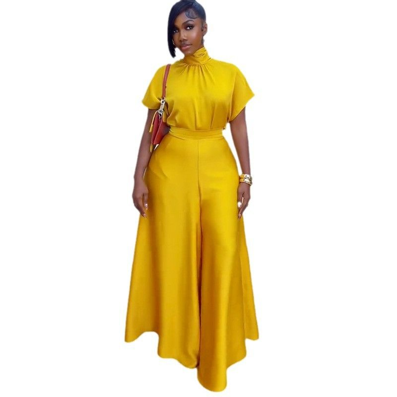 Summer Autumn Pure Color Short Sleeve High Neck Adjustable Bandage Tops and Wide Fitting Long Pants Two Piece Sets Women