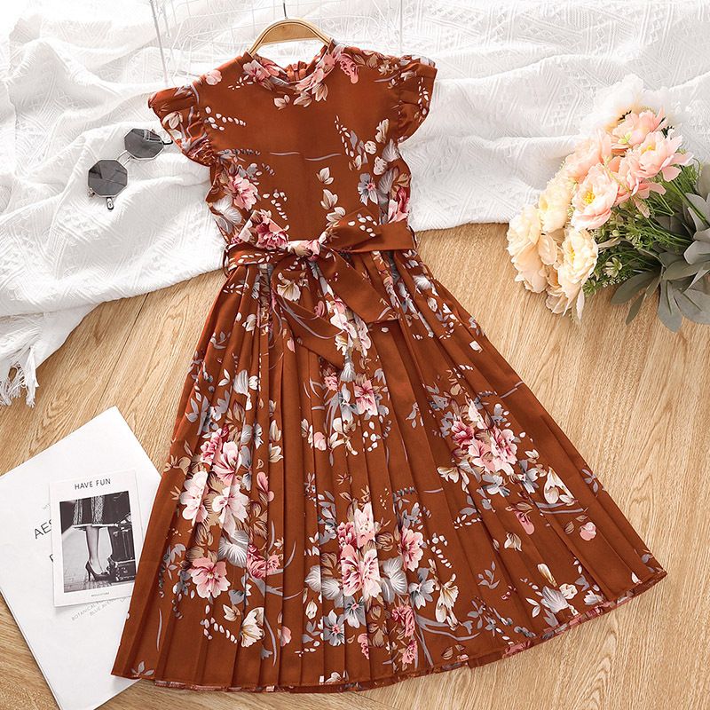 Sarah Girls' O-Neck Floral Printed Knee-Length A-Line Eco-Friendly Formal Summer Dress Children's Wear Kid Dress Flower Girl Dresses Kids Temperament Princess Dress for Girls Kid Clothes,Girl Clothes