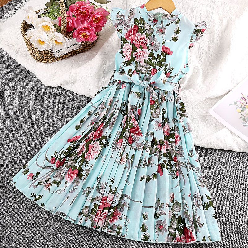 Sarah Girls' O-Neck Floral Printed Knee-Length A-Line Eco-Friendly Formal Summer Dress Children's Wear Kid Dress Flower Girl Dresses Kids Temperament Princess Dress for Girls Kid Clothes,Girl Clothes