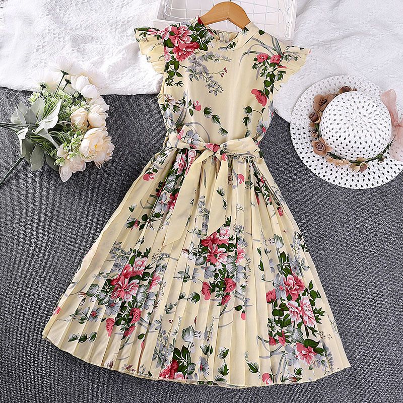 Sarah Girls' O-Neck Floral Printed Knee-Length A-Line Eco-Friendly Formal Summer Dress Children's Wear Kid Dress Flower Girl Dresses Kids Temperament Princess Dress for Girls Kid Clothes,Girl Clothes