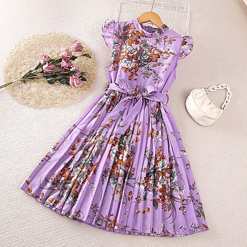 Sarah Girls' O-Neck Floral Printed Knee-Length A-Line Eco-Friendly Formal Summer Dress Children's Wear Kid Dress Flower Girl Dresses Kids Temperament Princess Dress for Girls Kid Clothes,Girl Clothes