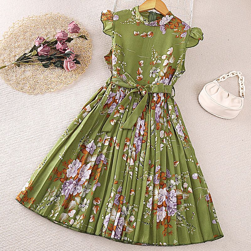 Sarah Girls' O-Neck Floral Printed Knee-Length A-Line Eco-Friendly Formal Summer Dress Children's Wear Kid Dress Flower Girl Dresses Kids Temperament Princess Dress for Girls Kid Clothes,Girl Clothes