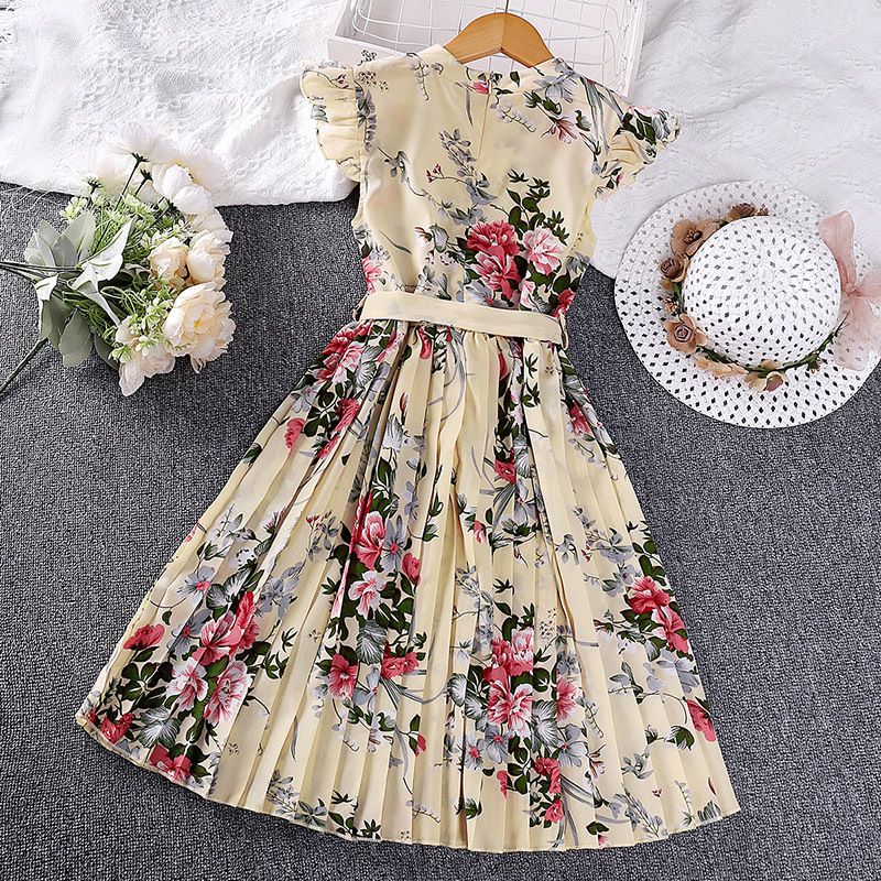 Sarah Girls' O-Neck Floral Printed Knee-Length A-Line Eco-Friendly Formal Summer Dress Children's Wear Kid Dress Flower Girl Dresses Kids Temperament Princess Dress for Girls Kid Clothes,Girl Clothes