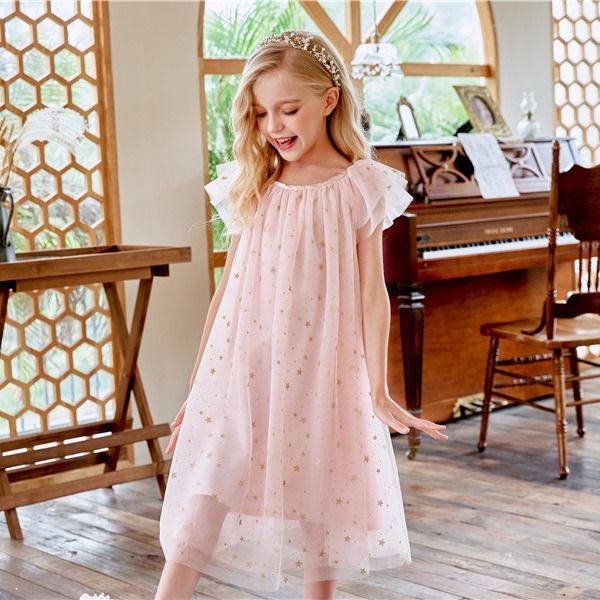 New Summer Girls Dress with Lace Skirt Flying Star Sleeves O-Neck Princess Style Casual for Children Kids Clothing for Party Birthday