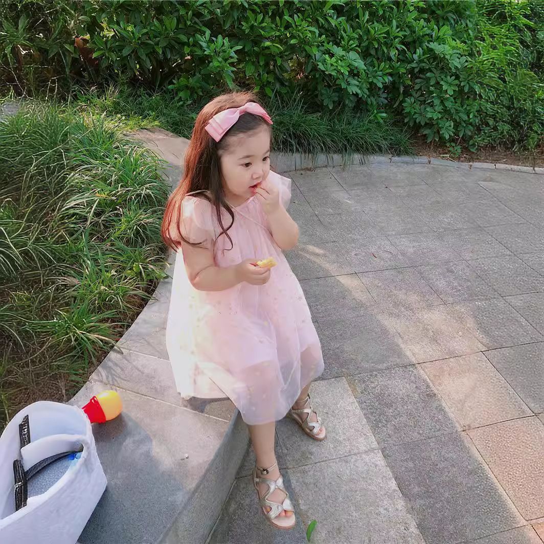 New Summer Girls Dress with Lace Skirt Flying Star Sleeves O-Neck Princess Style Casual for Children Kids Clothing for Party Birthday