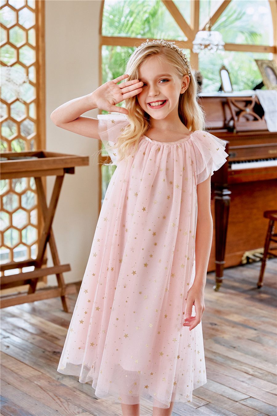 New Summer Girls Dress with Lace Skirt Flying Star Sleeves O-Neck Princess Style Casual for Children Kids Clothing for Party Birthday