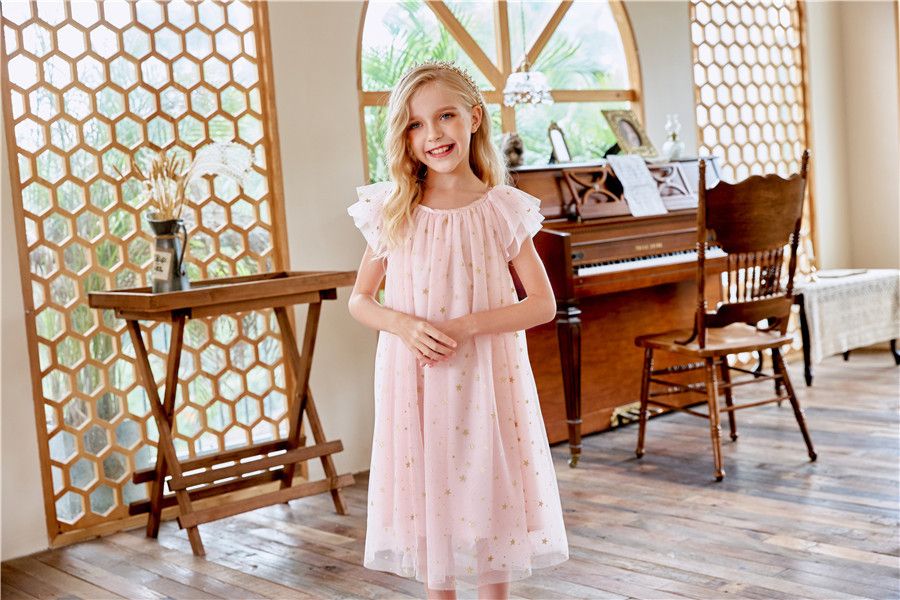 New Summer Girls Dress with Lace Skirt Flying Star Sleeves O-Neck Princess Style Casual for Children Kids Clothing for Party Birthday
