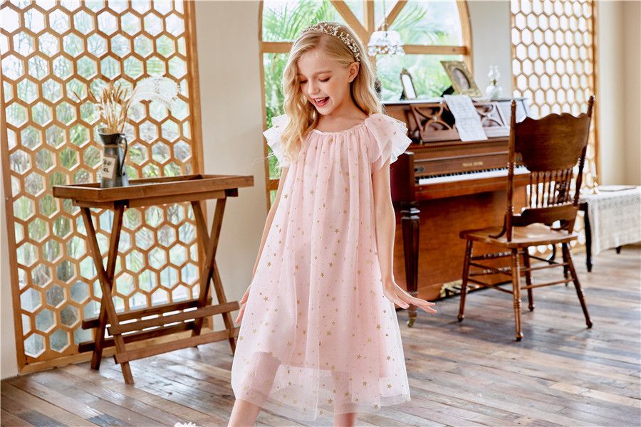 New Summer Girls Dress with Lace Skirt Flying Star Sleeves O-Neck Princess Style Casual for Children Kids Clothing for Party Birthday