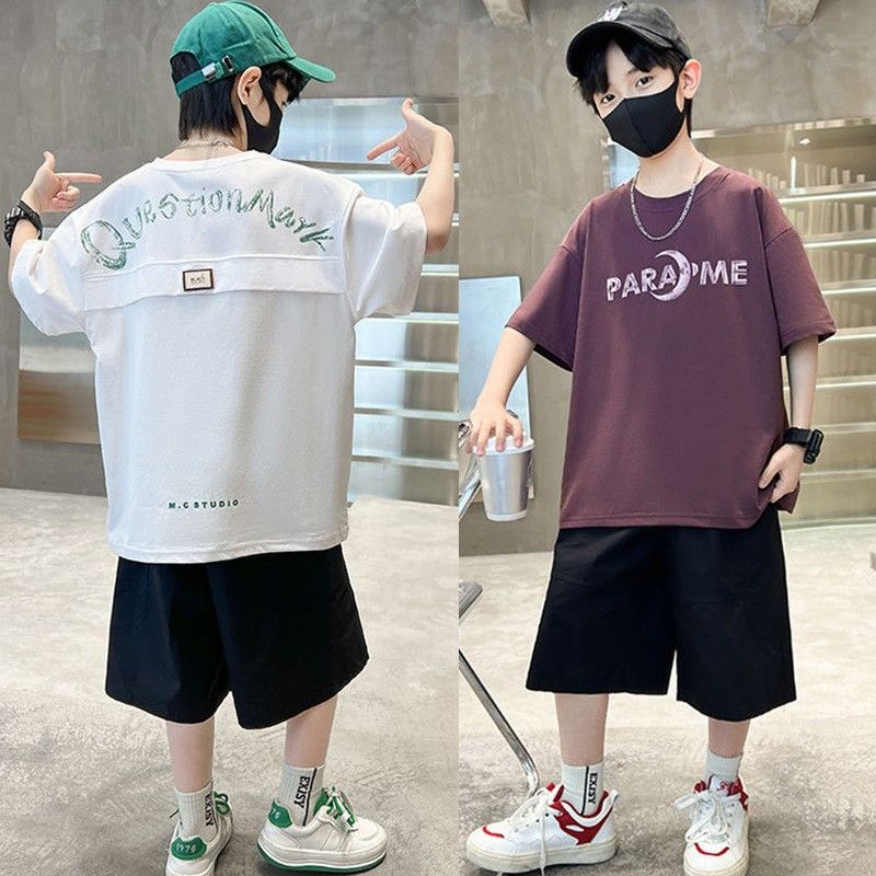 Sarah New Set of Short-sleeved Trousers for Medium and Large Children and Boys Handsome and Trendy Summer Casual Two-piece Set Casual Cotton T-Shirt Set for Boys Kid Clothes,Boy Clothes