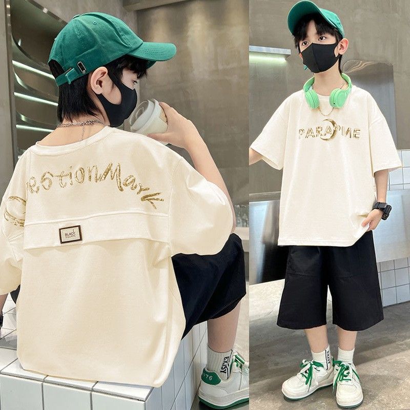 Sarah New Set of Short-sleeved Trousers for Medium and Large Children and Boys Handsome and Trendy Summer Casual Two-piece Set Casual Cotton T-Shirt Set for Boys Kid Clothes,Boy Clothes