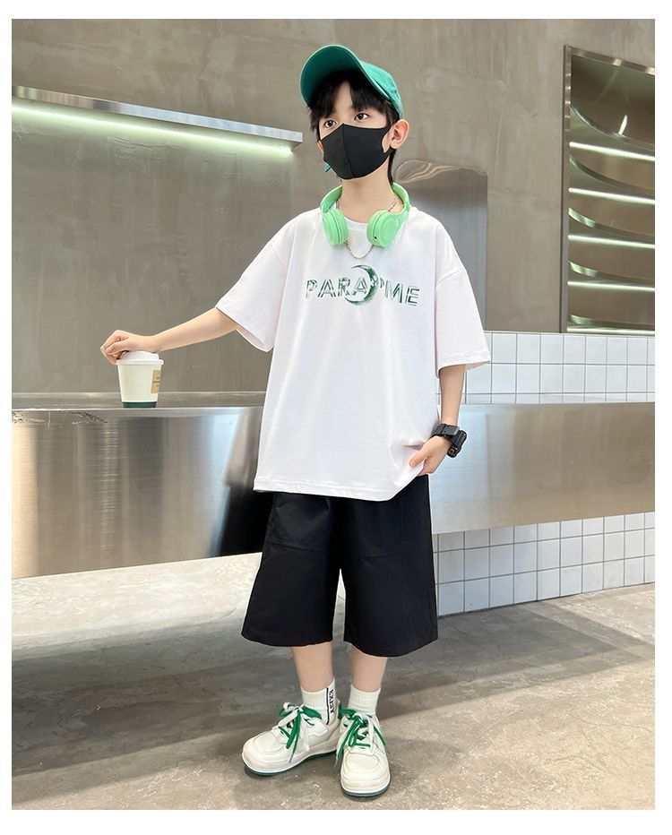 Sarah New Set of Short-sleeved Trousers for Medium and Large Children and Boys Handsome and Trendy Summer Casual Two-piece Set Casual Cotton T-Shirt Set for Boys Kid Clothes,Boy Clothes
