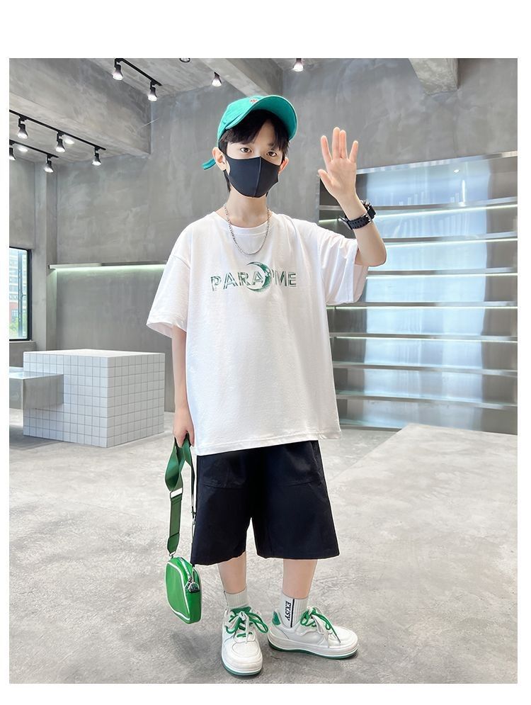Sarah New Set of Short-sleeved Trousers for Medium and Large Children and Boys Handsome and Trendy Summer Casual Two-piece Set Casual Cotton T-Shirt Set for Boys Kid Clothes,Boy Clothes