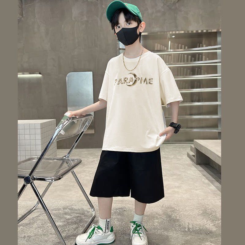 Sarah New Set of Short-sleeved Trousers for Medium and Large Children and Boys Handsome and Trendy Summer Casual Two-piece Set Casual Cotton T-Shirt Set for Boys Kid Clothes,Boy Clothes