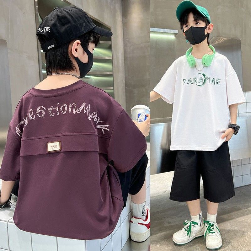 Sarah New Set of Short-sleeved Trousers for Medium and Large Children and Boys Handsome and Trendy Summer Casual Two-piece Set Casual Cotton T-Shirt Set for Boys Kid Clothes,Boy Clothes