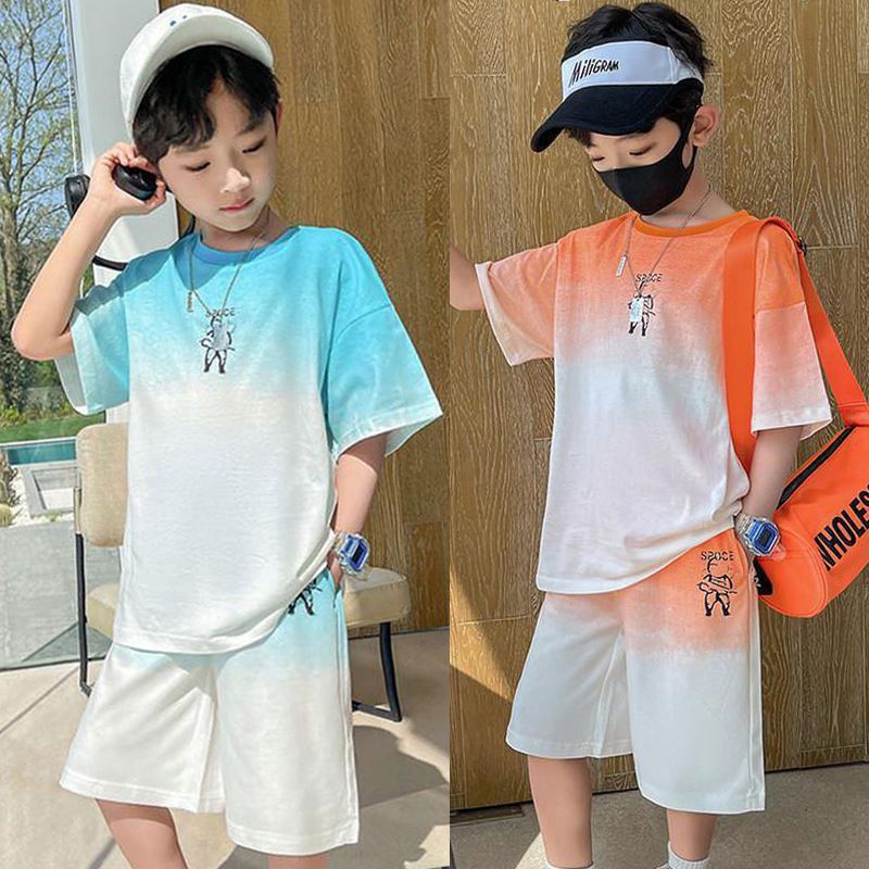 New Set of Short-sleeved Trousers for Medium and Large Children and Boys Handsome and Trendy Summer Casual Two-piece Set Casual Cotton T-Shirt Set for Boys