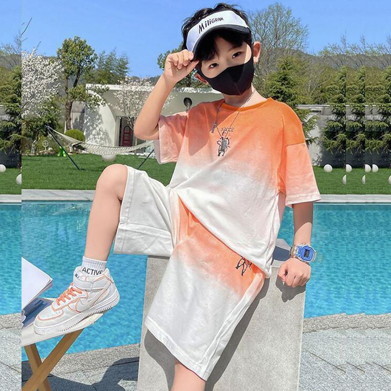 New Set of Short-sleeved Trousers for Medium and Large Children and Boys Handsome and Trendy Summer Casual Two-piece Set Casual Cotton T-Shirt Set for Boys