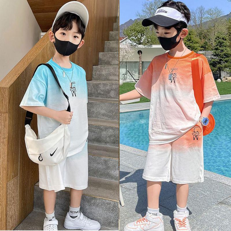 New Set of Short-sleeved Trousers for Medium and Large Children and Boys Handsome and Trendy Summer Casual Two-piece Set Casual Cotton T-Shirt Set for Boys