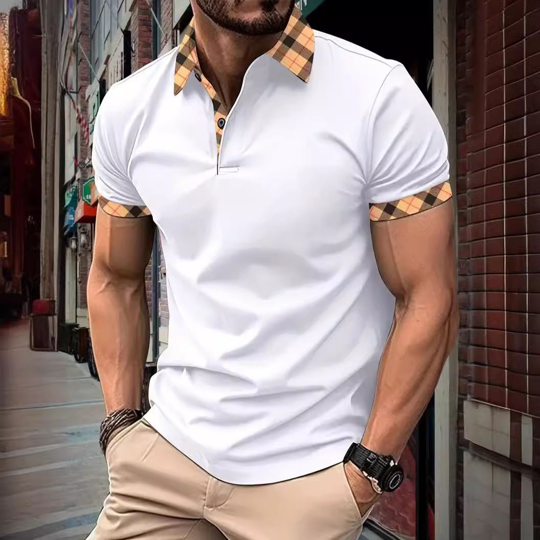 Men Summer POLO Shirt Short Sleeve T-shirt Cotton Plaid Collar Business Tops Casual T-shirts