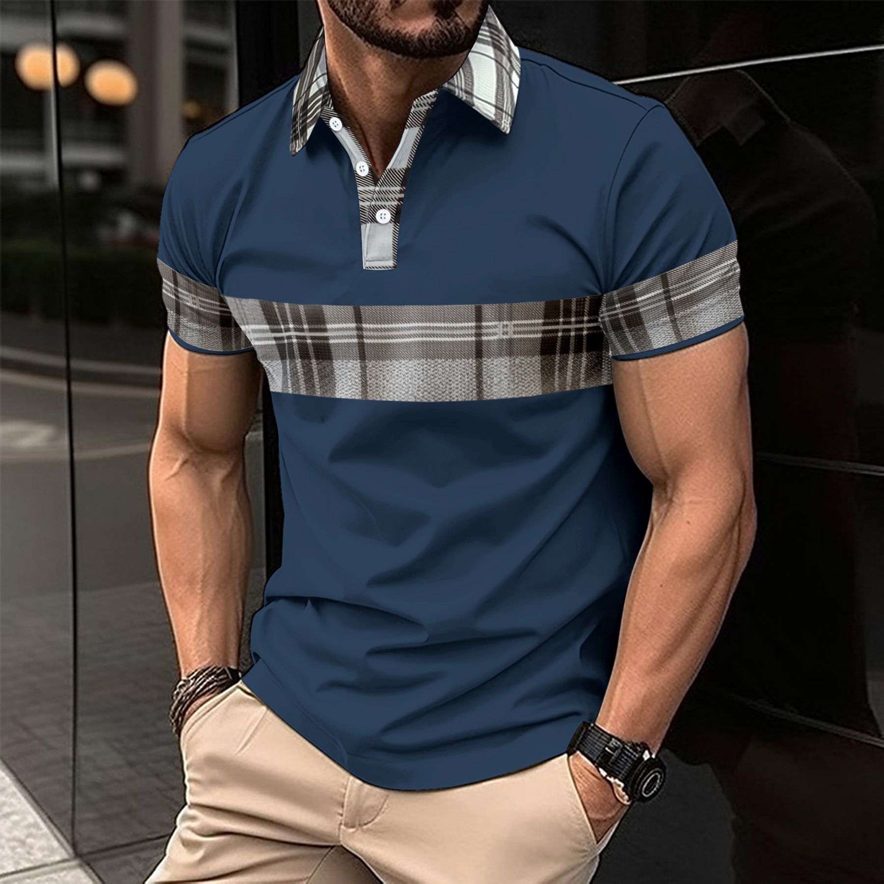 New men's casual polo shirt fashionable V-neck button striped short sleeved patchwork versatile T-shirt