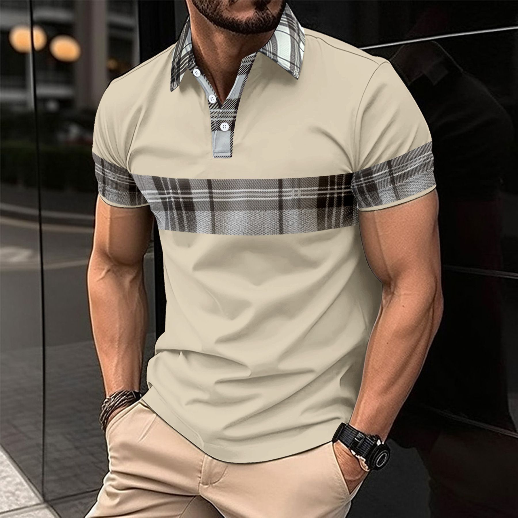 New men's casual polo shirt fashionable V-neck button striped short sleeved patchwork versatile T-shirt