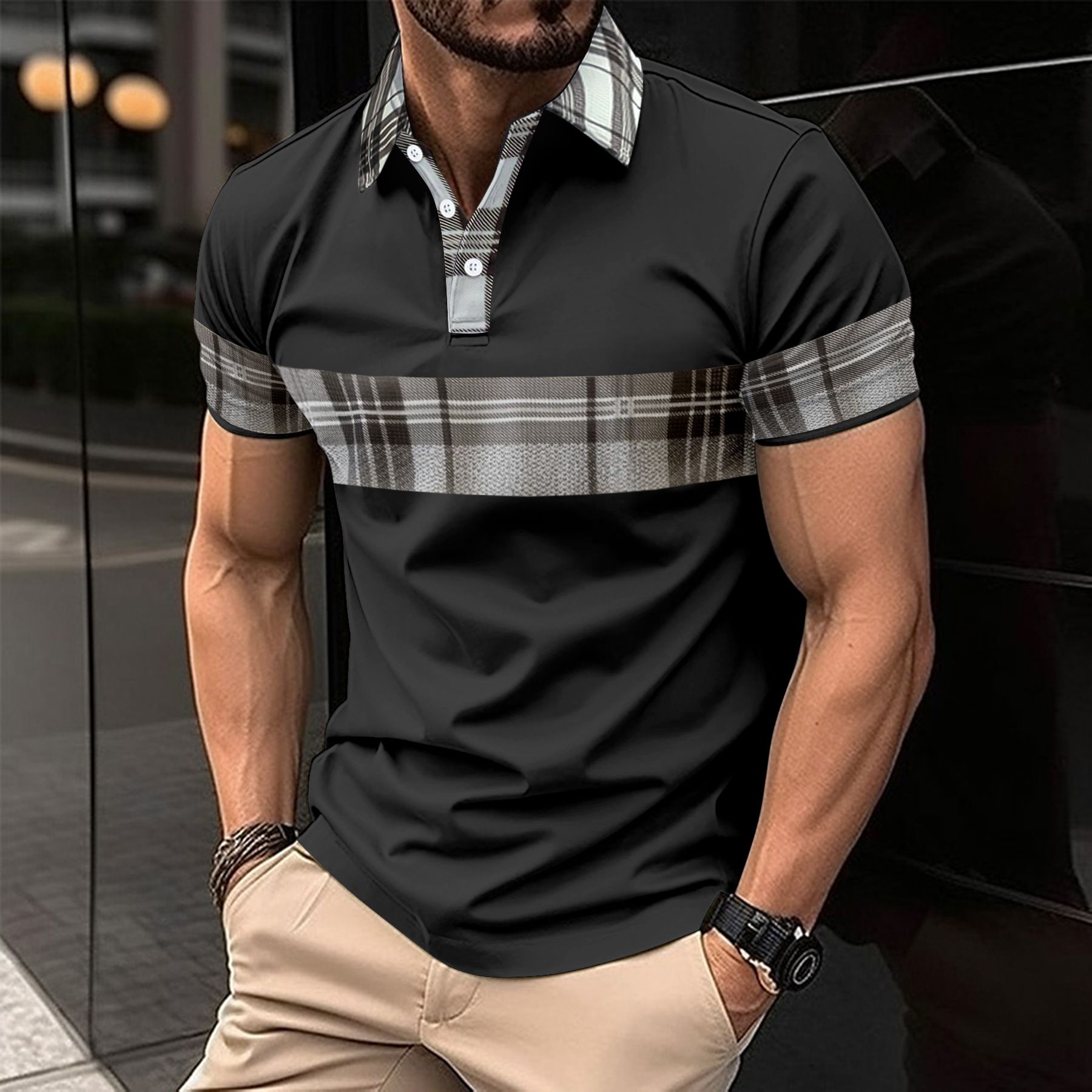 New men's casual polo shirt fashionable V-neck button striped short sleeved patchwork versatile T-shirt