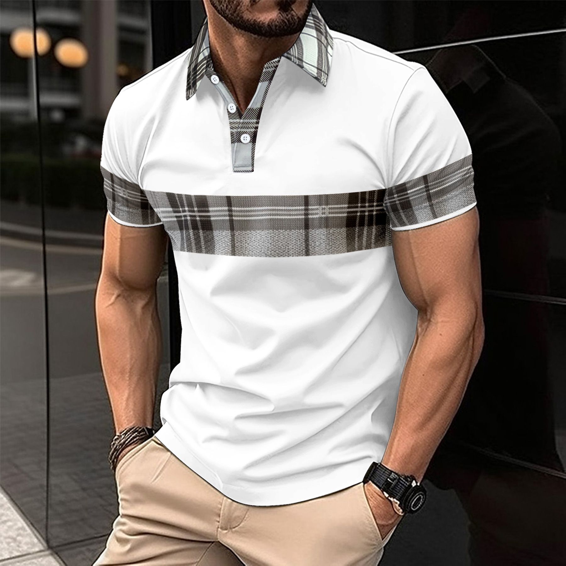 New men's casual polo shirt fashionable V-neck button striped short sleeved patchwork versatile T-shirt