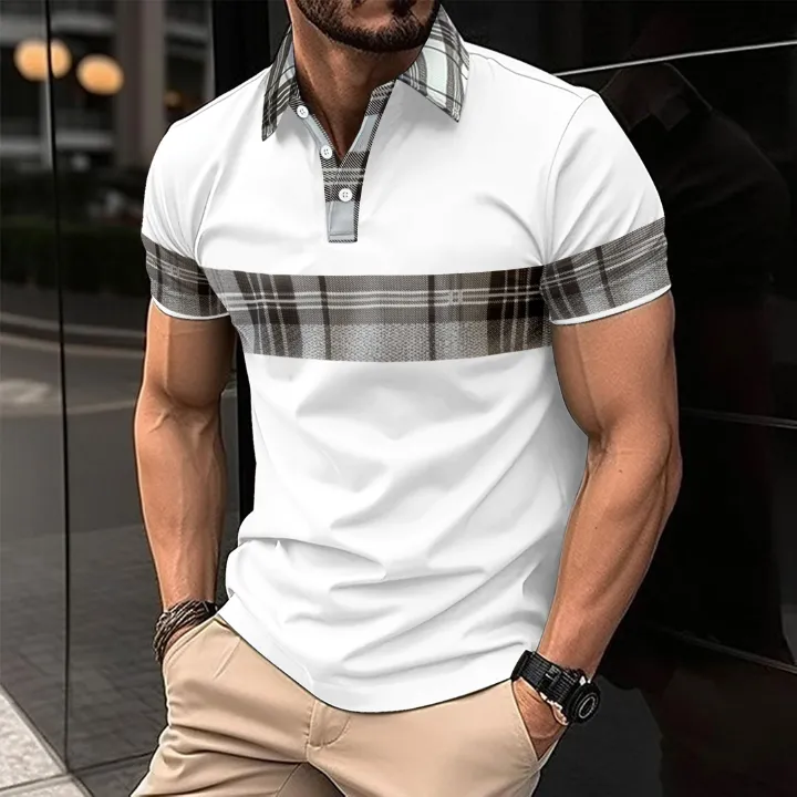 New men's casual polo shirt fashionable V-neck button striped short sleeved patchwork versatile T-shirt