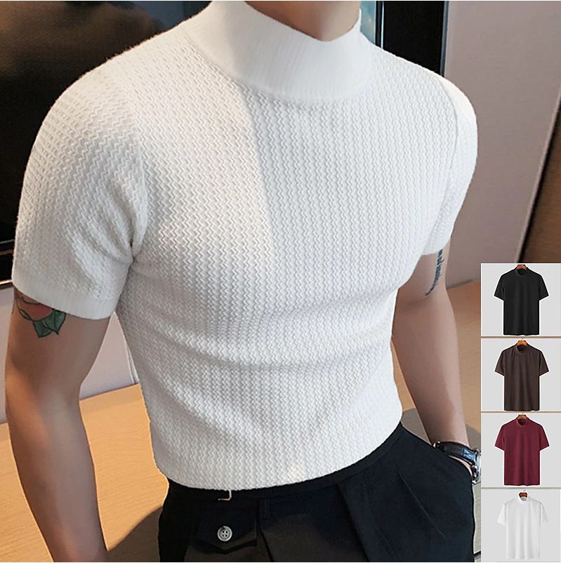 Factory Direct Shirt Stretch Tight Comfort T-Shirt Men's Trend Threaded Solid Color Short Sleeve Tops T-Shirts