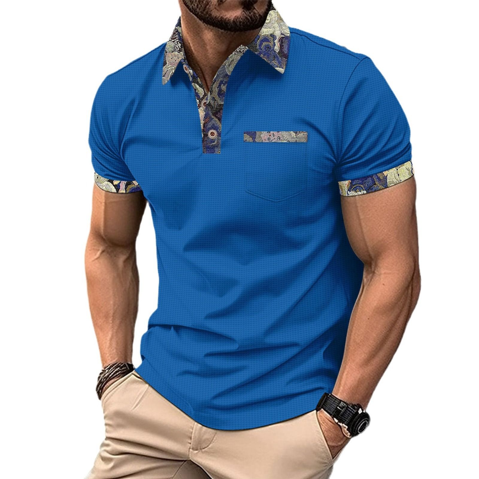 Summer New Waffle Color Block Tees with Pocket Short Sleeve Polos Business Casual T-shirt