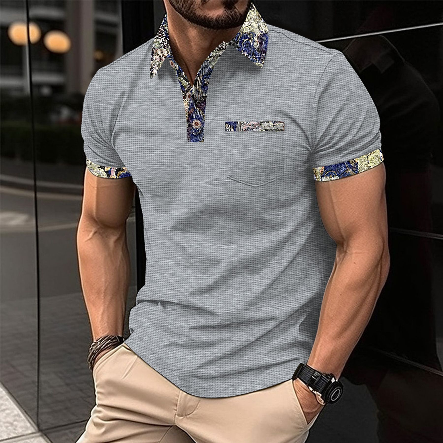 Summer New Waffle Color Block Tees with Pocket Short Sleeve Polos Business Casual T-shirt