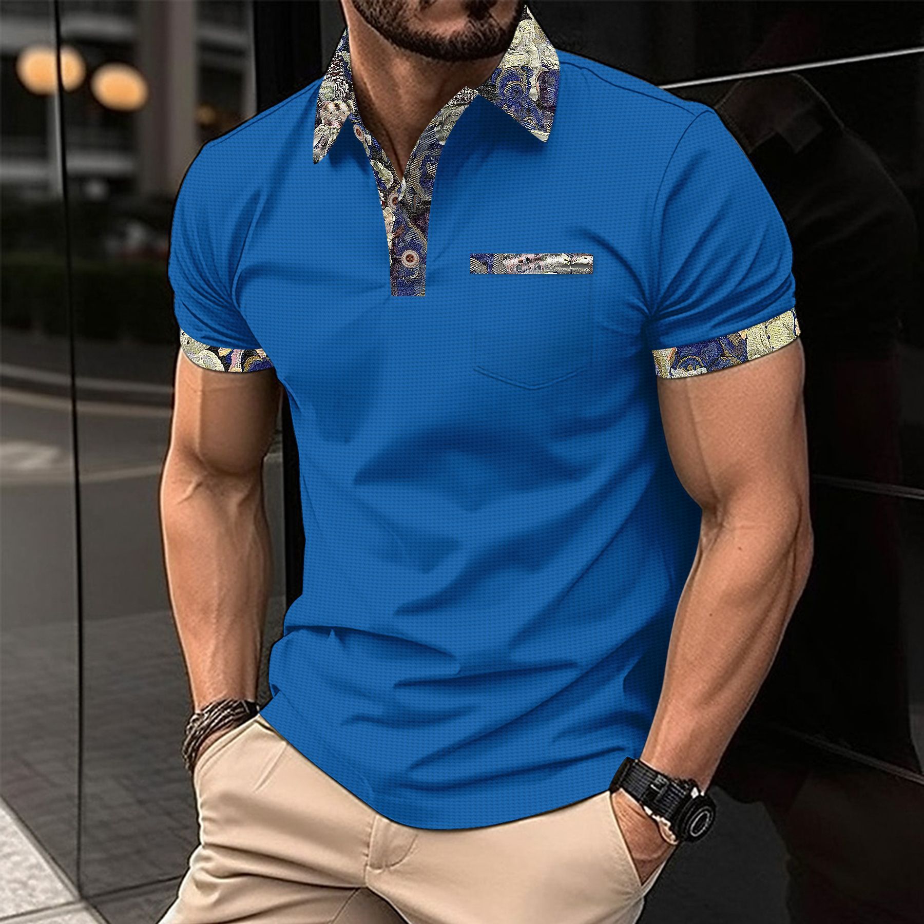 Summer New Waffle Color Block Tees with Pocket Short Sleeve Polos Business Casual T-shirt