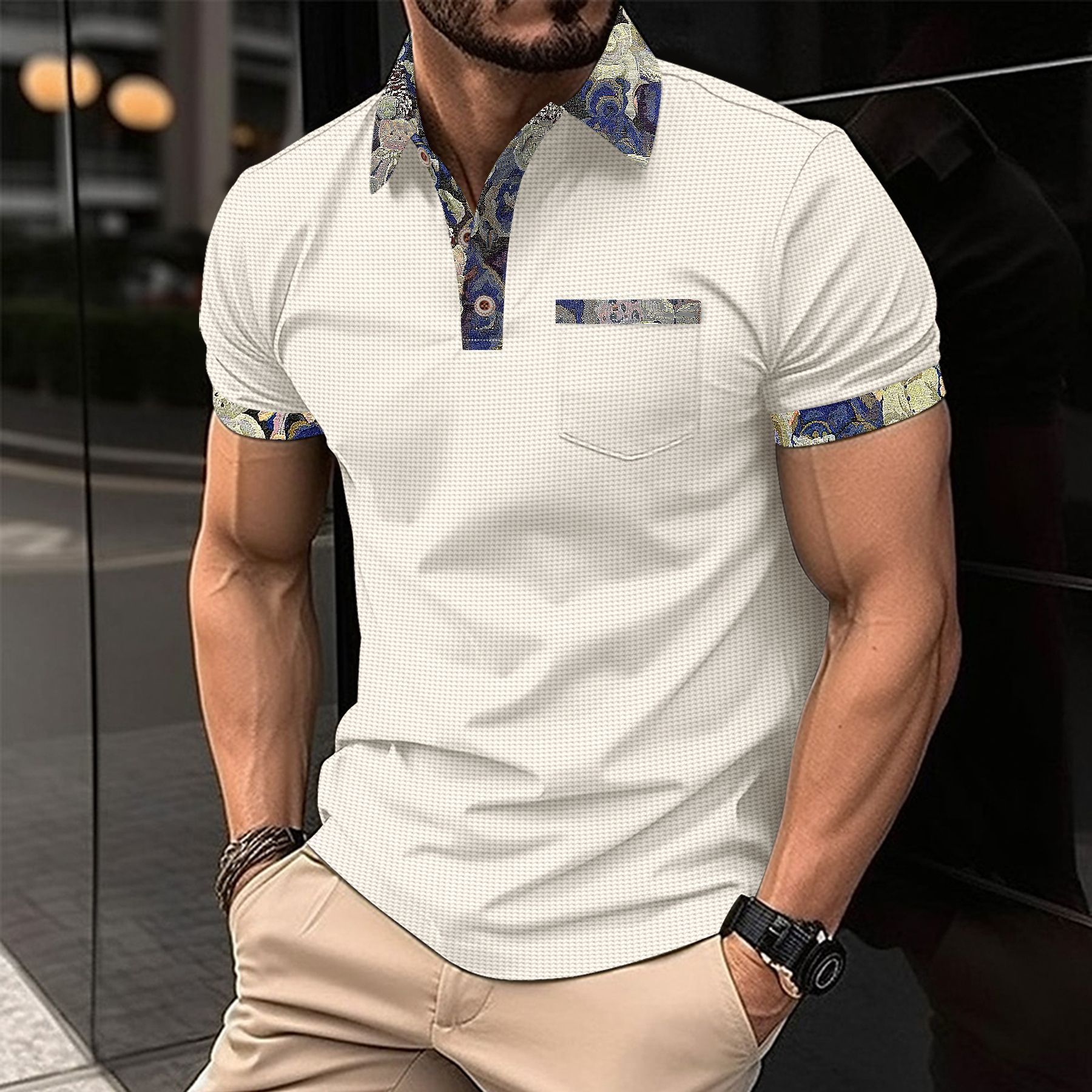 Summer New Waffle Color Block Tees with Pocket Short Sleeve Polos Business Casual T-shirt
